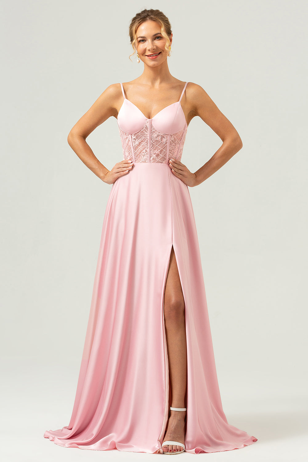 Pink Corset Satin Lace Long Bridesmaid Dress with Slit