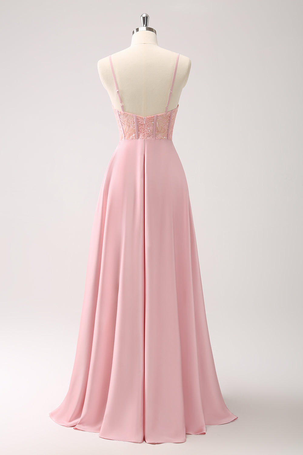 Pink Corset Satin Lace Long Bridesmaid Dress with Slit