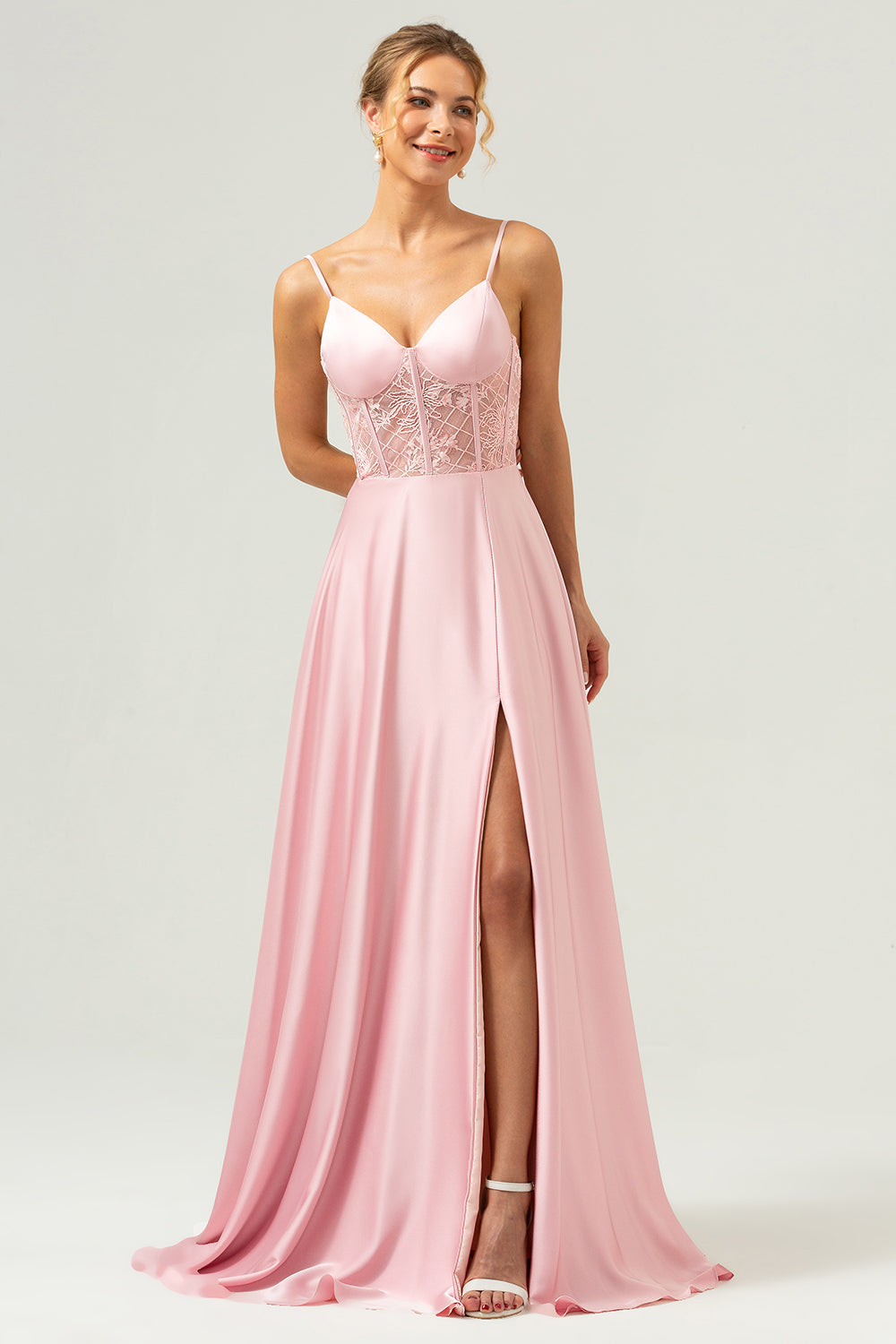 Pink Corset Satin Lace Long Bridesmaid Dress with Slit