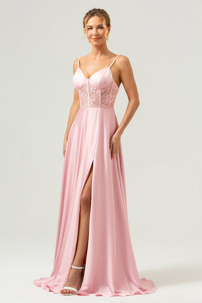 Pink Corset Satin Lace Long Bridesmaid Dress with Slit