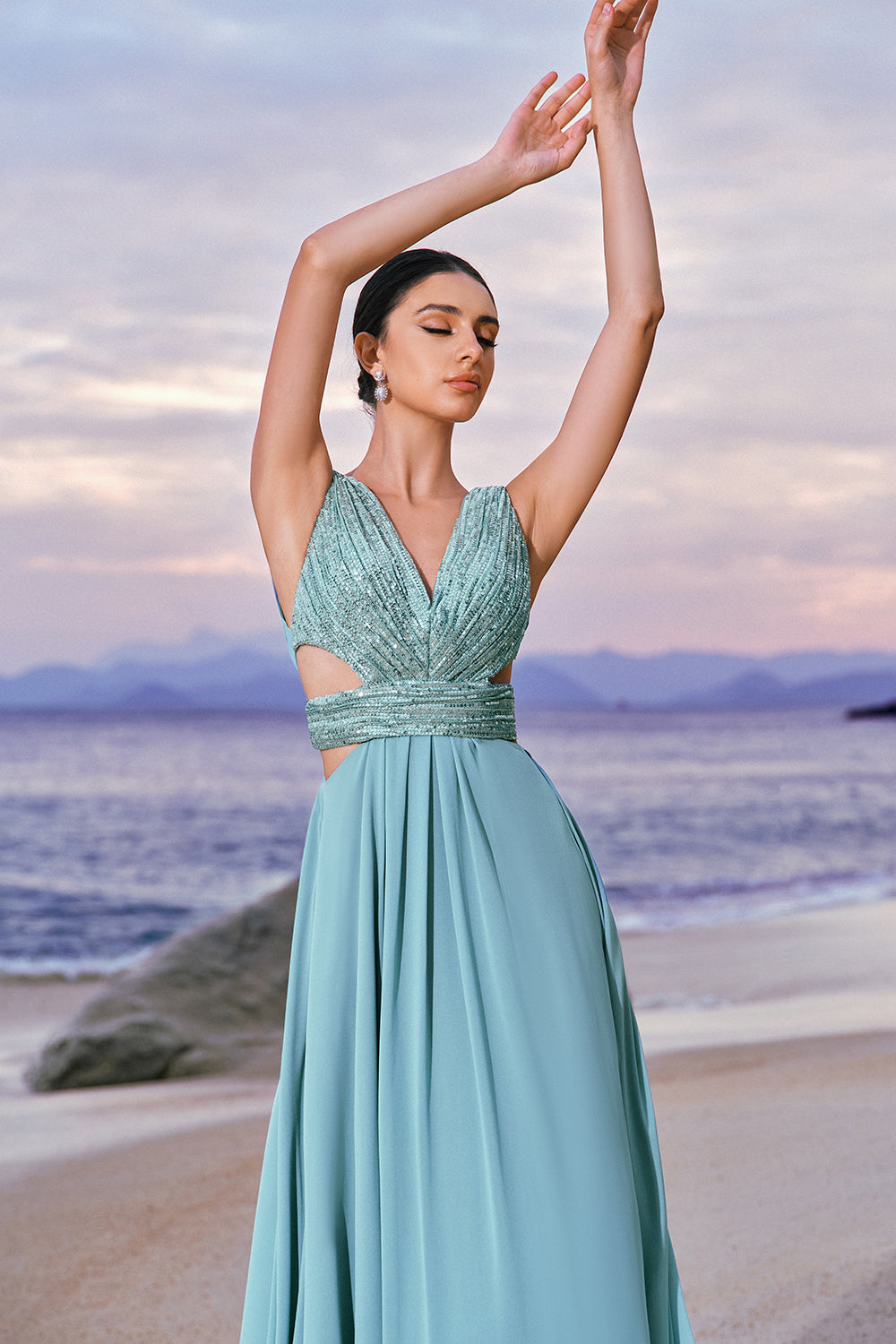 Grey Green A-Line Sequins Chiffon Bridesmaid Dress