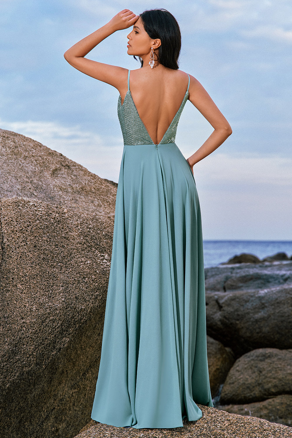 Spaghetti Straps Grey Green A-Line Chiffon Bridesmaid Dress with Slit