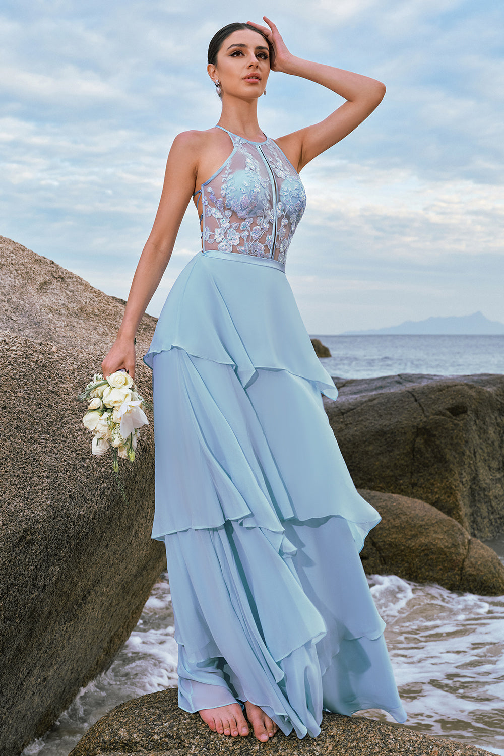 Halter Blue Floral A Line Bridesmaid Dress with Lace Up Back