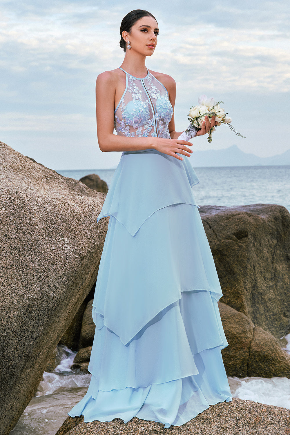 Blue Ruffled Floral Long Bridesmaid Dress with Lace Up Back