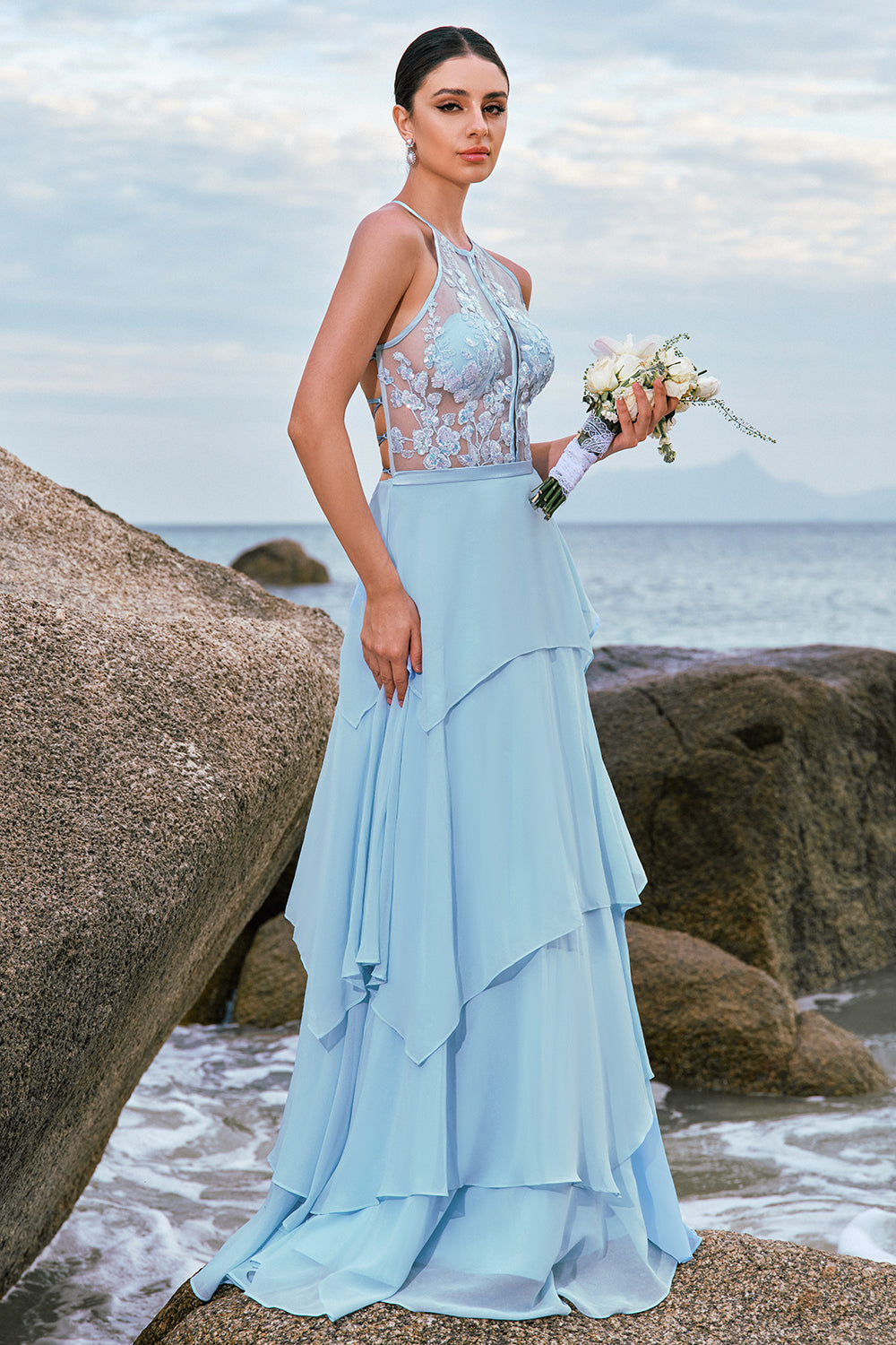 Blue Ruffled Floral Long Bridesmaid Dress with Lace Up Back