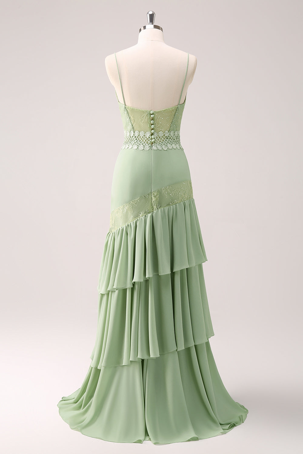 Green Floral Rufffled Chiffon Bridesmaid Dress with Lace