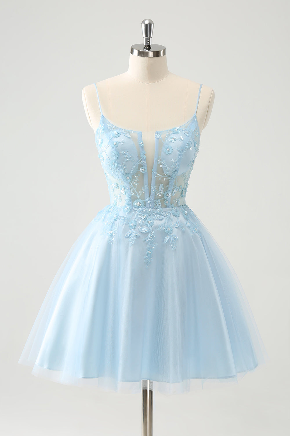 Cute Glitter A Line Beaded Corset Tulle Blue Homecoming Dress with Appliques