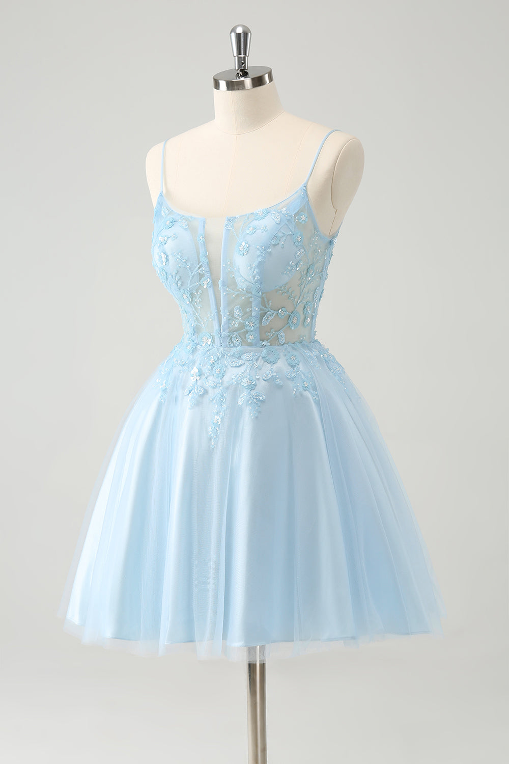 Cute Glitter Blue A Line Beaded Corset Tulle Homecoming Dress with Appliques