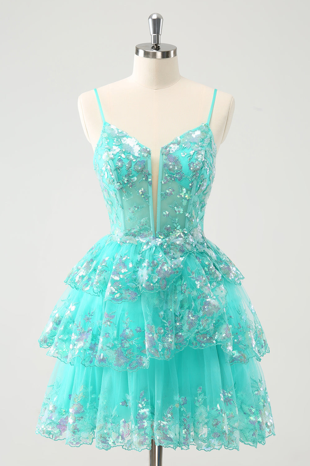 Cute Sparkly A-Line Green Spaghetti Straps Tiered Homecoming Dress with Sequins