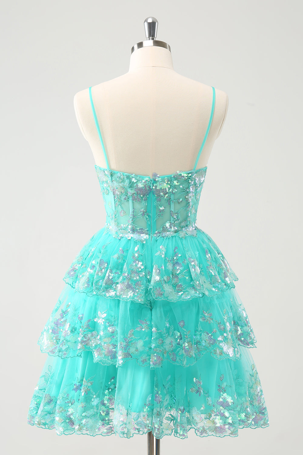 Sparkly Green A Line Spaghetti Straps Corset Tiered Sequin Homecoming Dress