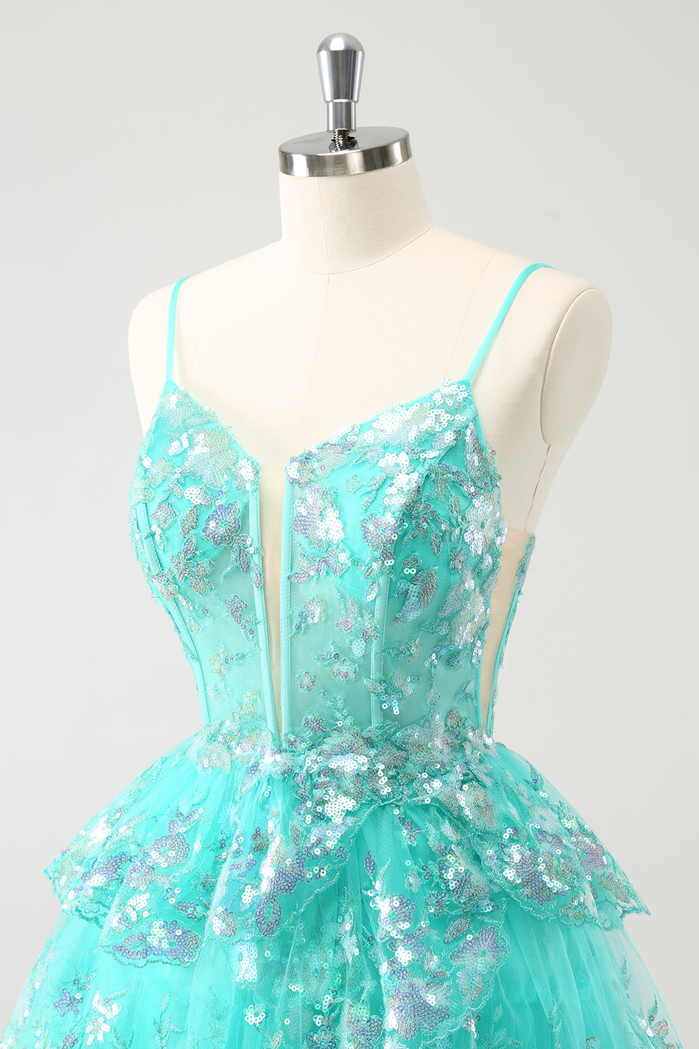 Cute Sparkly A-Line Green Spaghetti Straps Tiered Homecoming Dress with Sequins