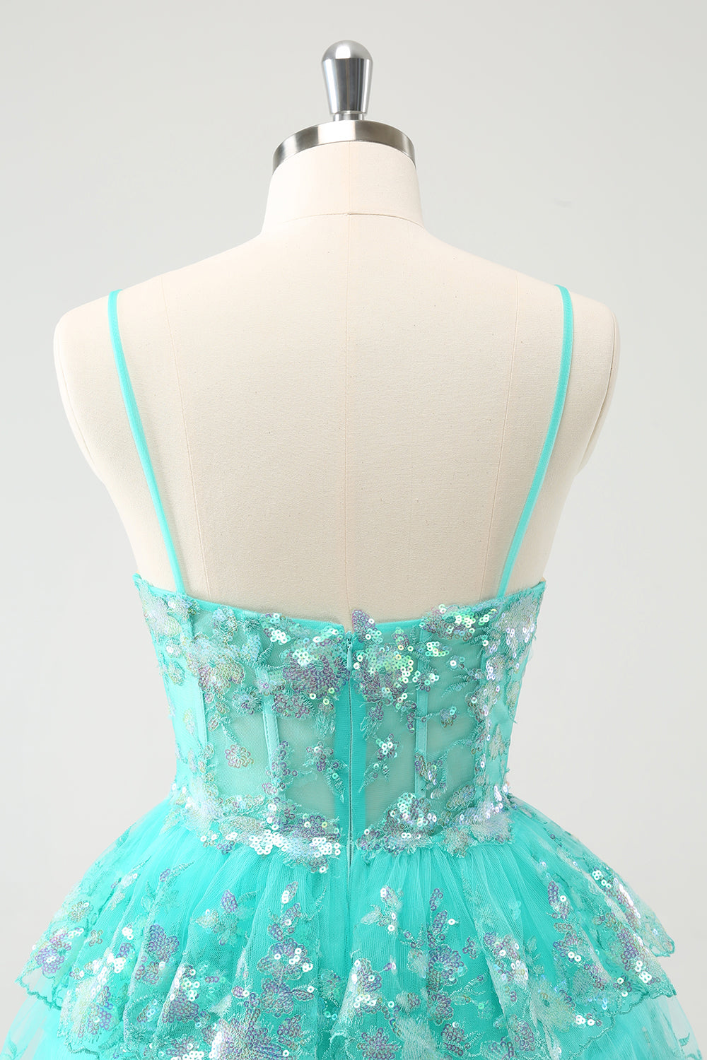 Cute Sparkly A-Line Green Spaghetti Straps Tiered Homecoming Dress with Sequins