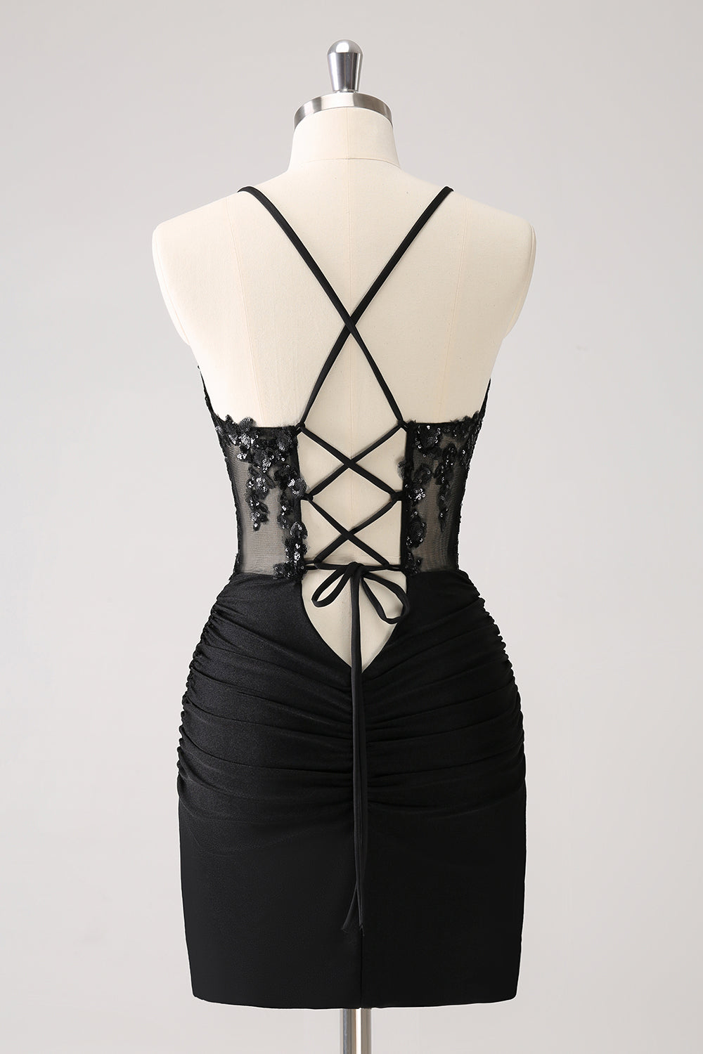 Sparkly Black Bodycon Spaghetti Corset Short Homecoming Dress with Lace Up Back