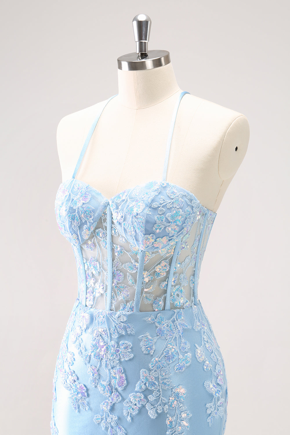 Blue Spaghetti Straps Corset Applique Tight Homecoming Dress with Sequins