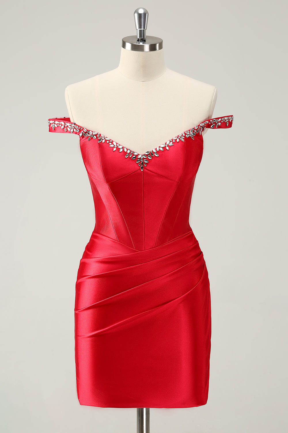 Glitter Red Beaded Off the Shoulder Satin Tight Homecoming Dress