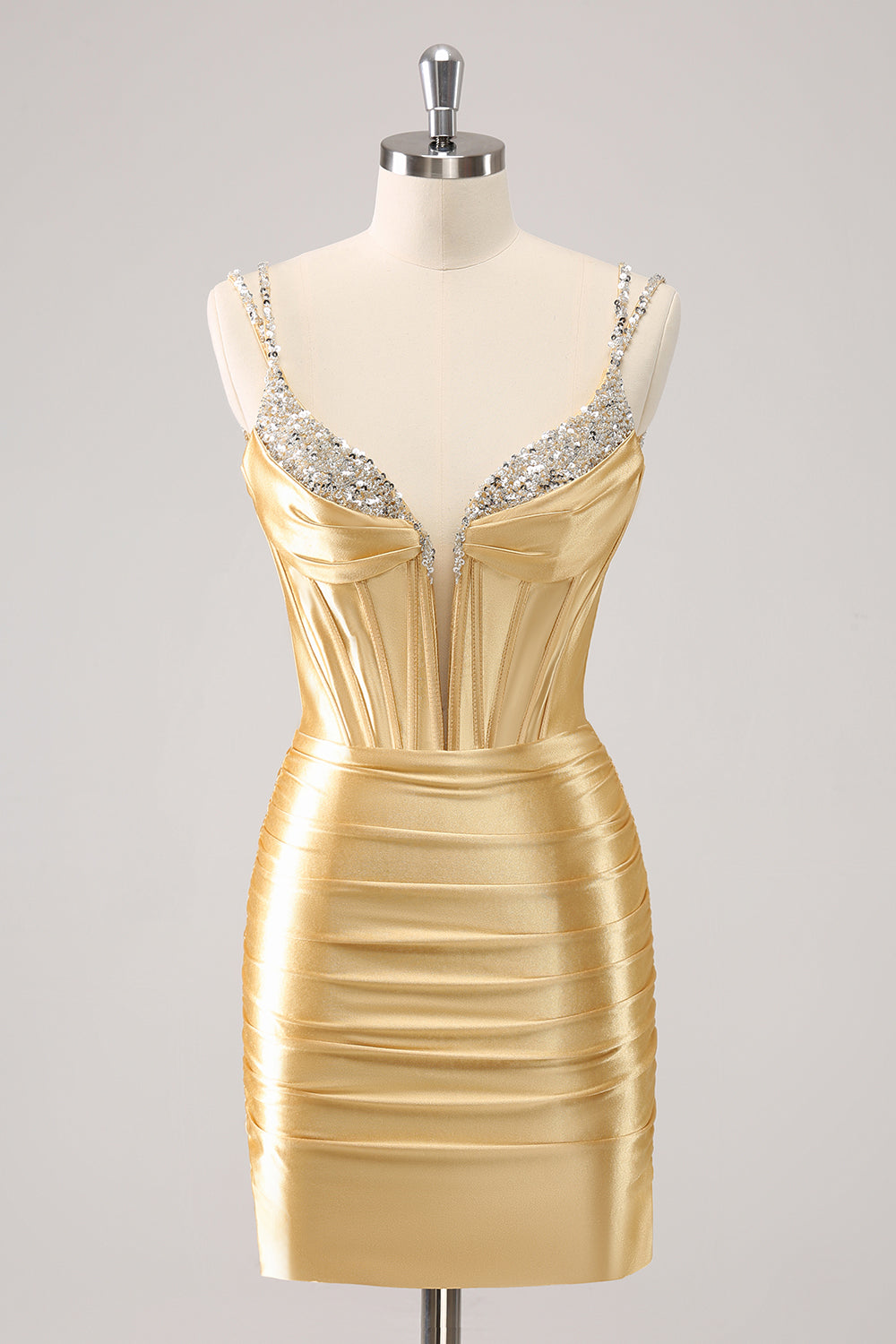 Golden Bodycon Spaghetti Straps Corset Lace Up Back Homecoming Dress with Sequins