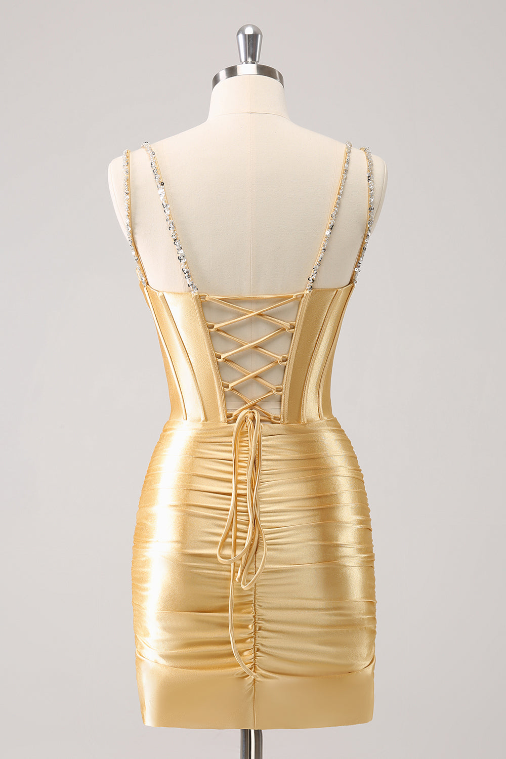 Golden Bodycon Spaghetti Straps Corset Lace Up Back Homecoming Dress with Sequins