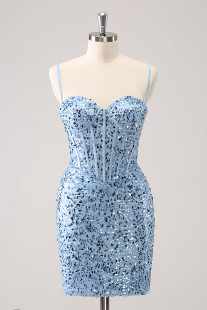 Sparkly Blue Tight Spaghetti Straps Corset Short Homecoming Dress with Sequins