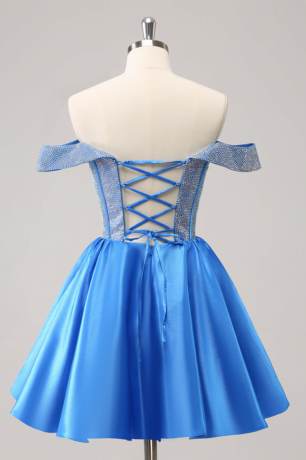 Sparkly Blue A-Line Off the Shoulder Beaded Satin Homecoming Dress