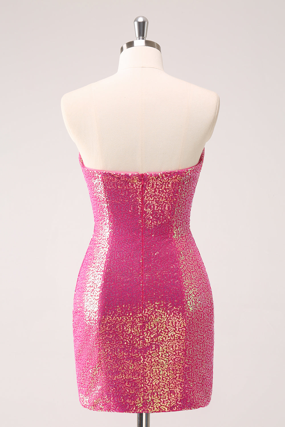 Fuchsia Hollow Out Strapless Sequins Tight Homecoming Dress with Slit