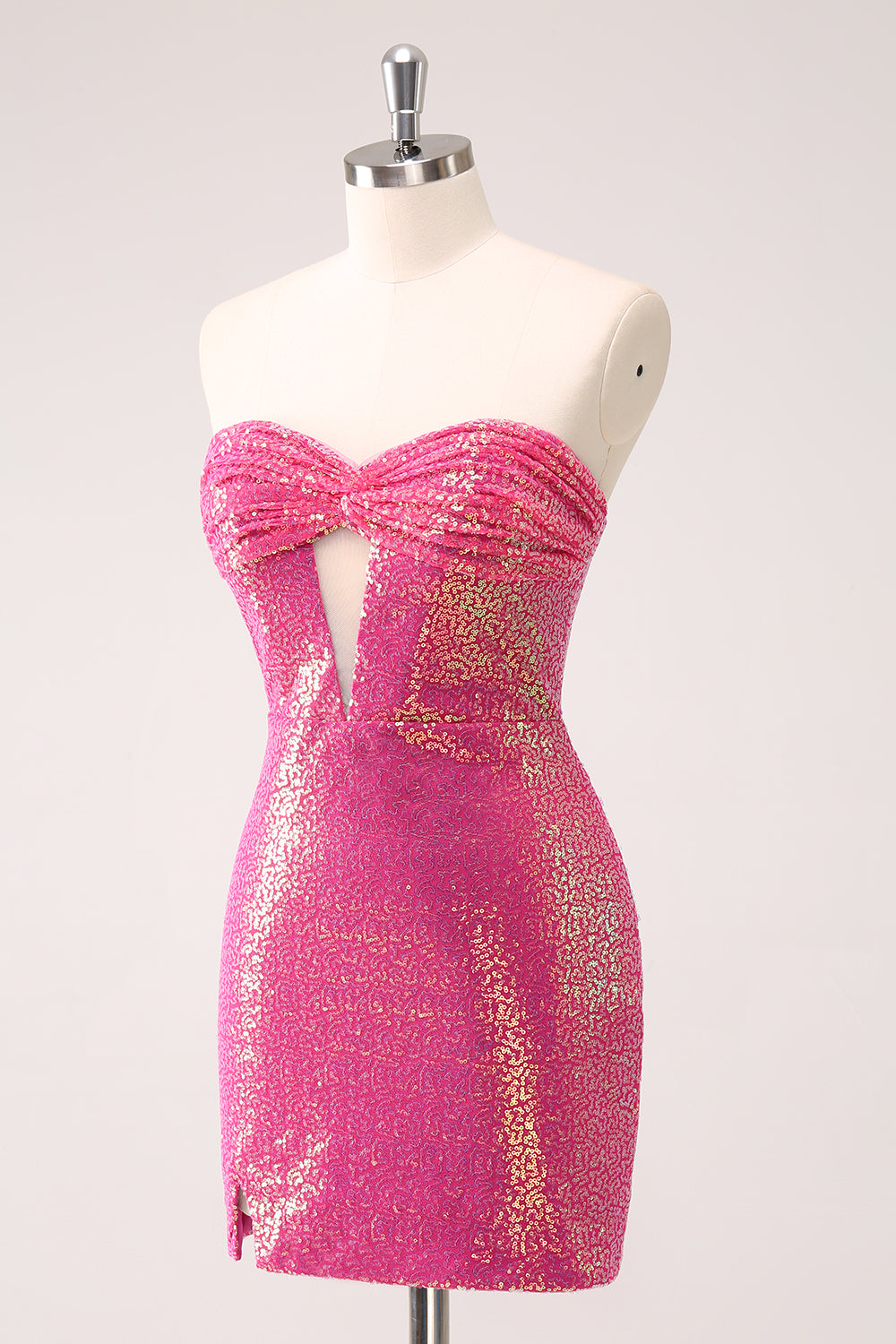 Fuchsia Hollow Out Strapless Sequins Tight Homecoming Dress with Slit