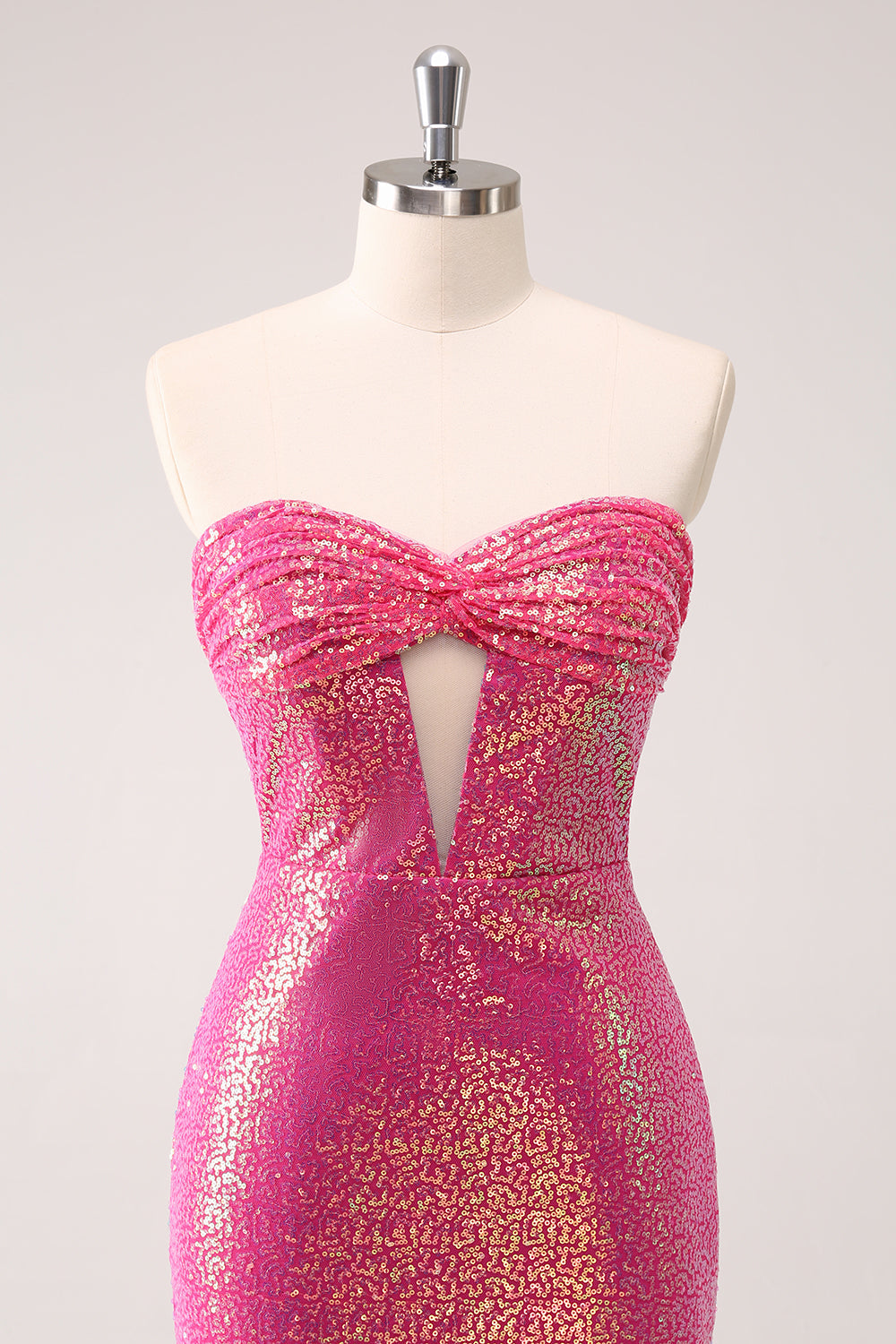 Fuchsia Hollow Out Strapless Sequins Tight Homecoming Dress with Slit