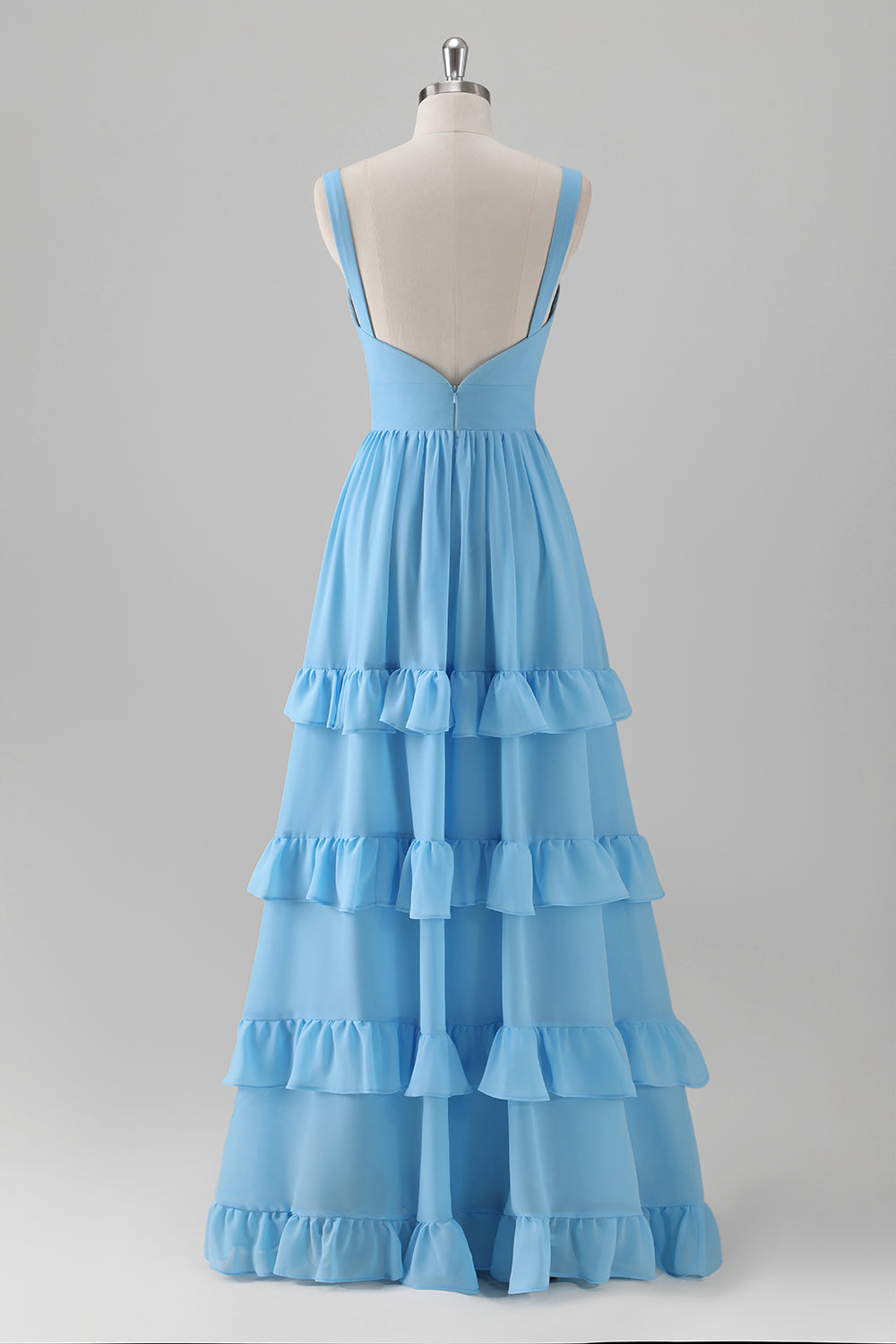 Blue A-Line V Neck Tiered Chiffon Long Bridesmaid Dress