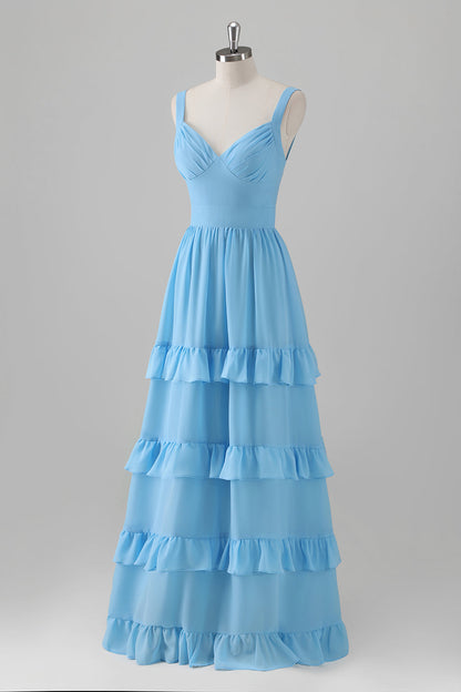 Blue Ruffled A-Line Long Bridesmaid Dress