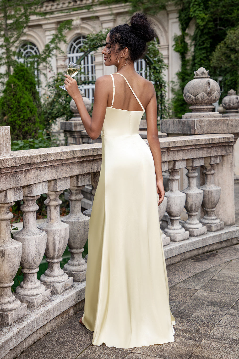 Champagne Sheath One Shoulder Long Bridesmaid Dress With Slit