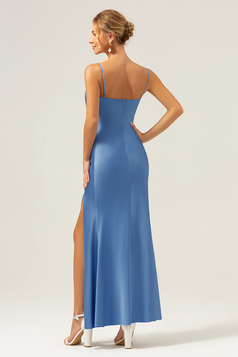 Blue Mermaid Bowknot Spaghetti Straps Bridesmaid Dress with Slit