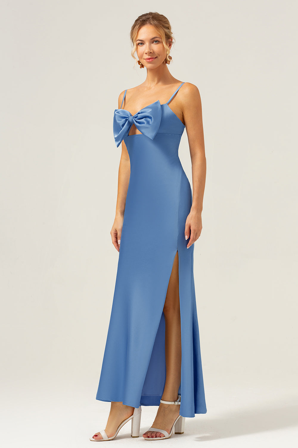 Blue Mermaid Bowknot Spaghetti Straps Bridesmaid Dress with Slit