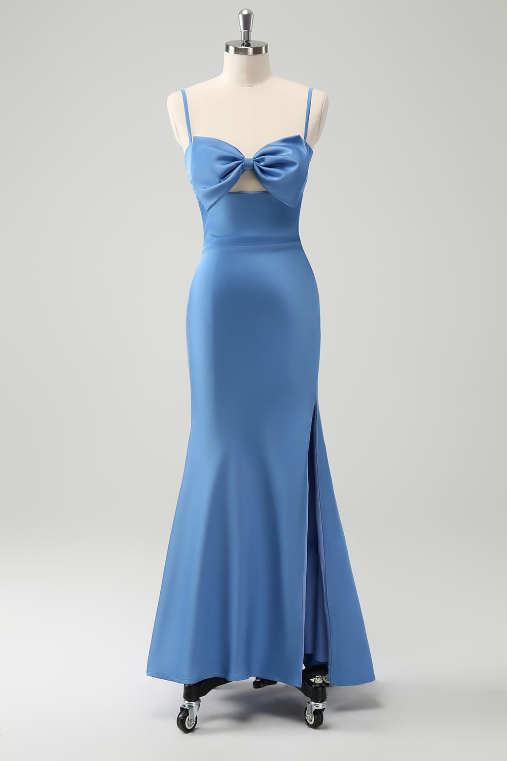 Blue Mermaid Bowknot Spaghetti Straps Bridesmaid Dress with Slit