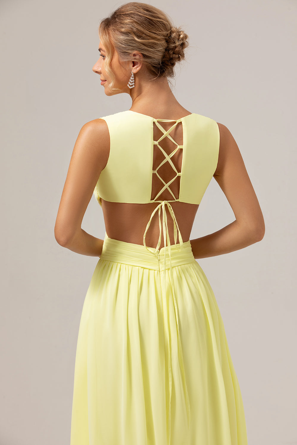 Lemon Yellow A Line Cut Out Lace Up Back Long Bridesmaid Dress with Ruffles