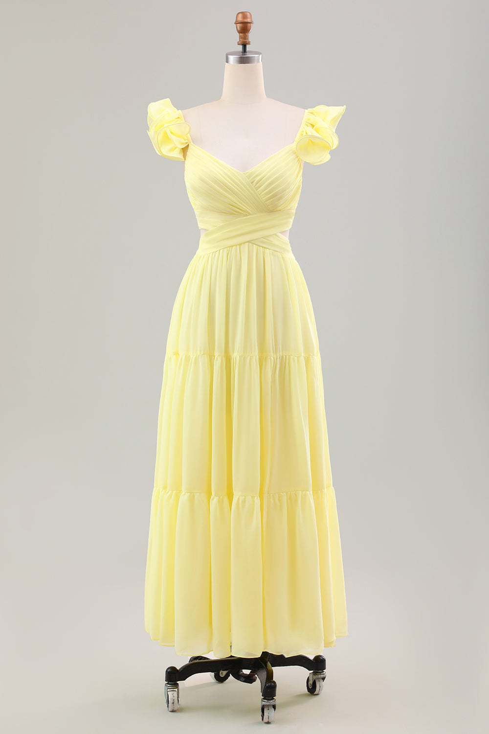 Simple Lemon Yellow A Line Pleated Wedding Party Guest Dress with Ruffles