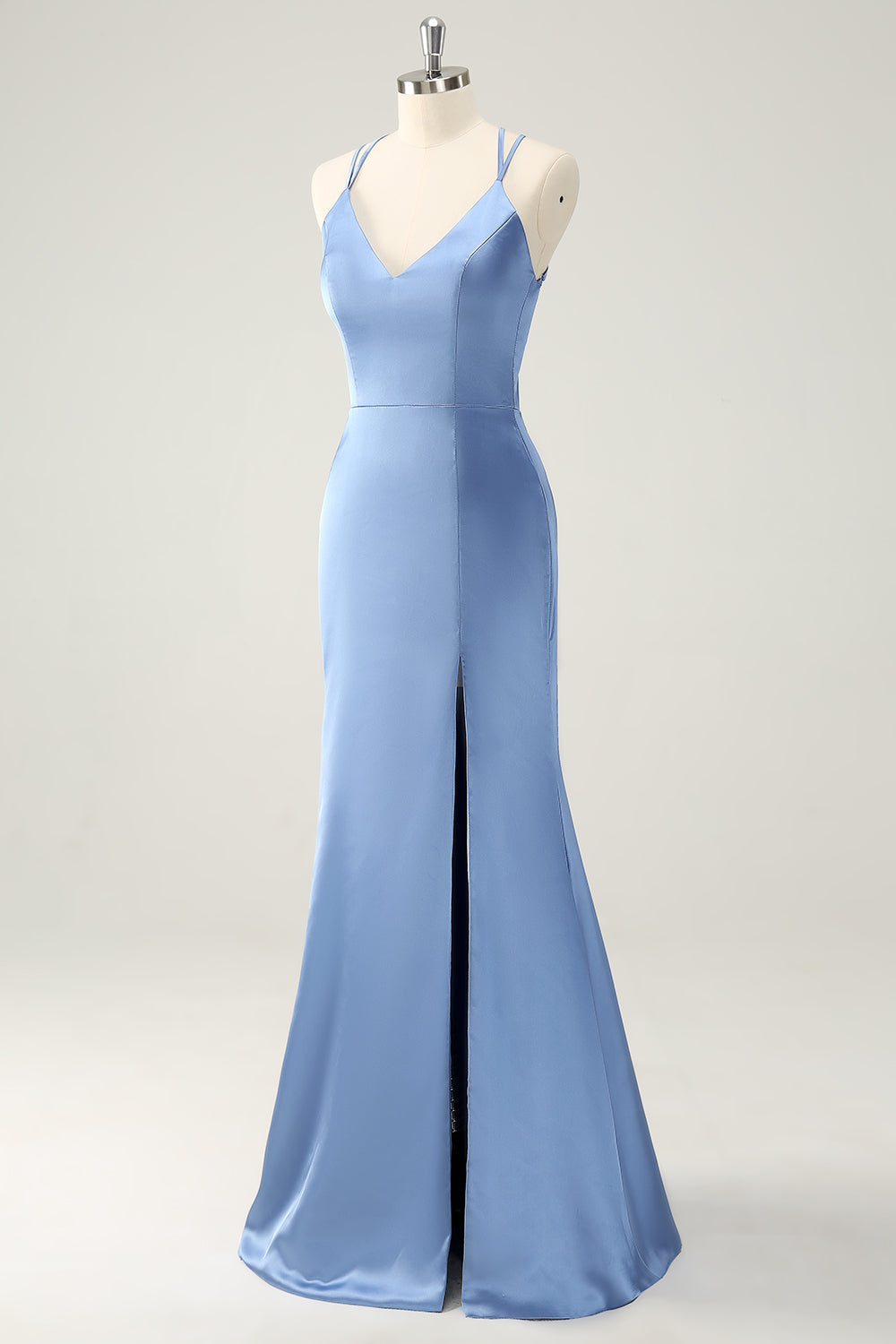 Blue Mermaid Spaghetti Straps Satin Bridesmaid Dress with Slit