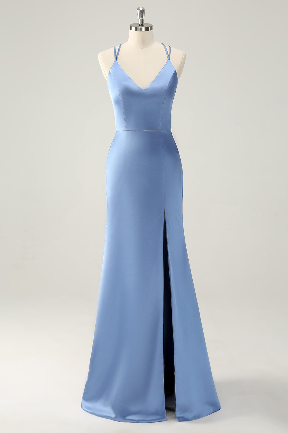 Blue Mermaid V-Neck Satin Bridesmaid Dress with Slit