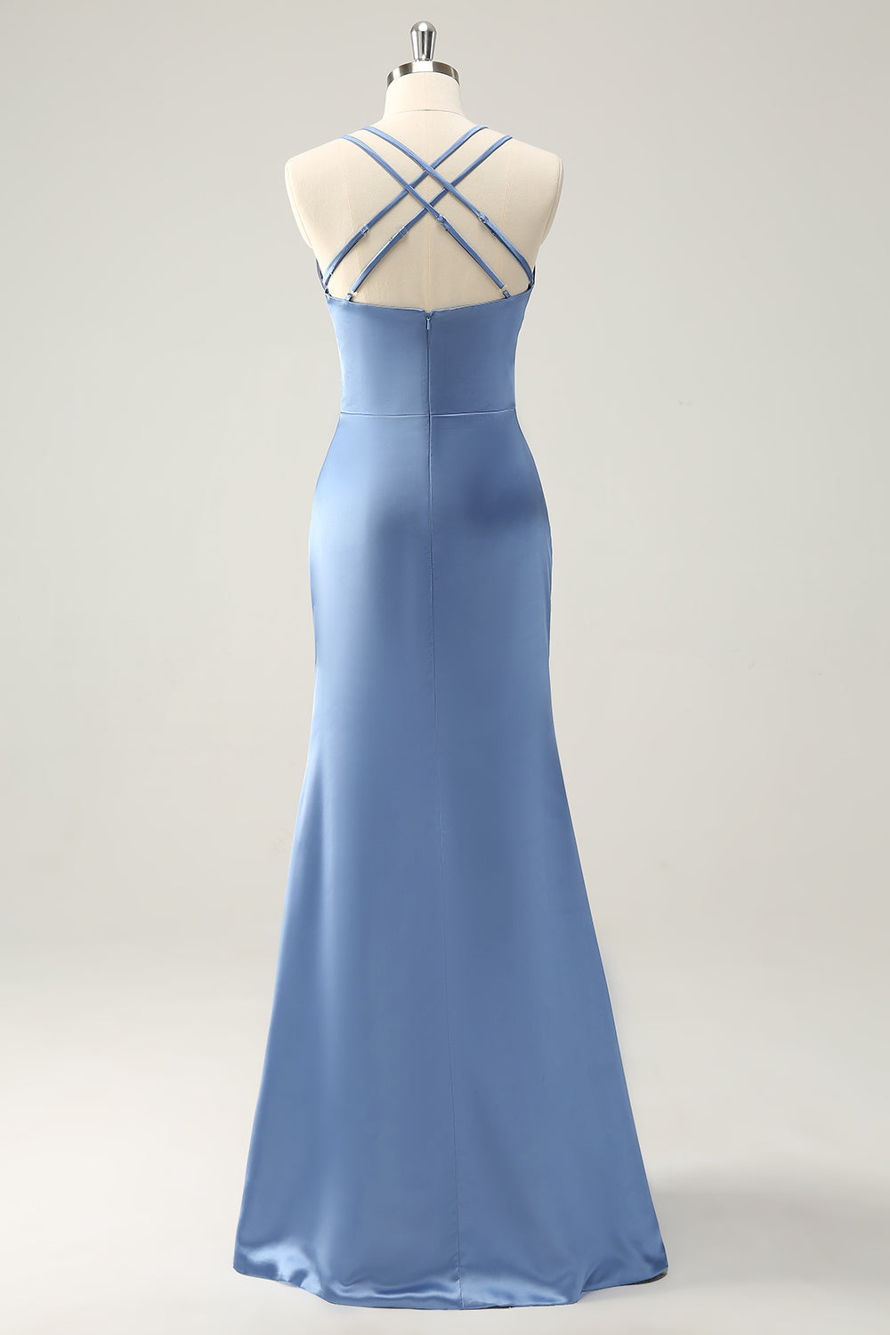 Blue Mermaid V-Neck Satin Bridesmaid Dress with Slit