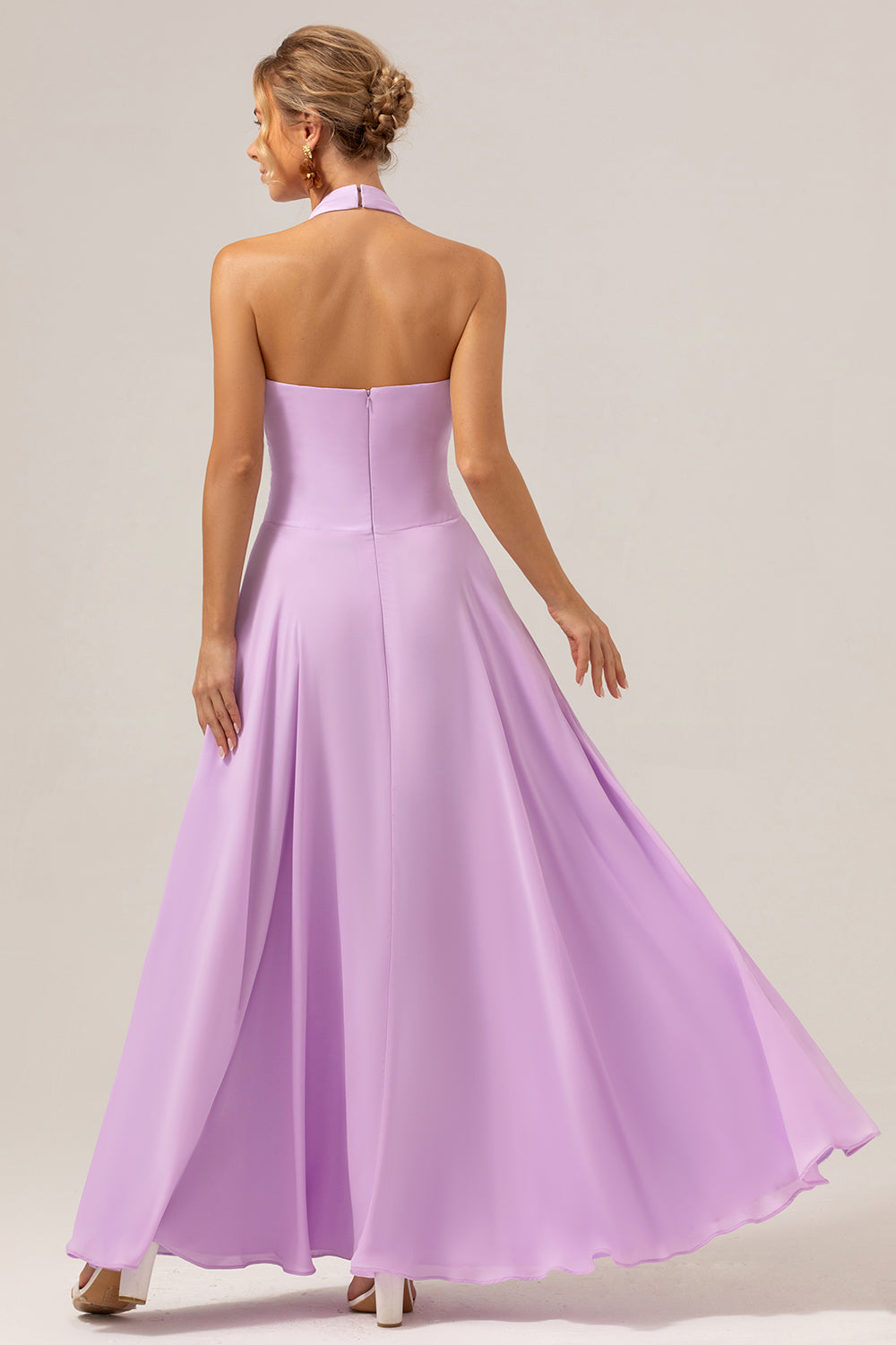 A Line Halter Chiffon Backless Long Purple Bridesmaid Dress