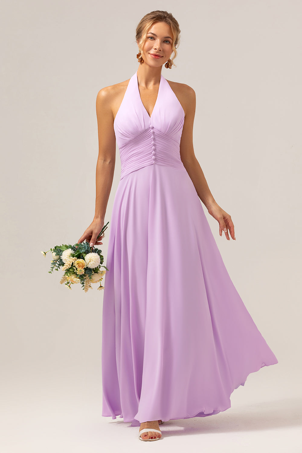 Purple A Line Halter Chiffon Long Bridesmaid Dress