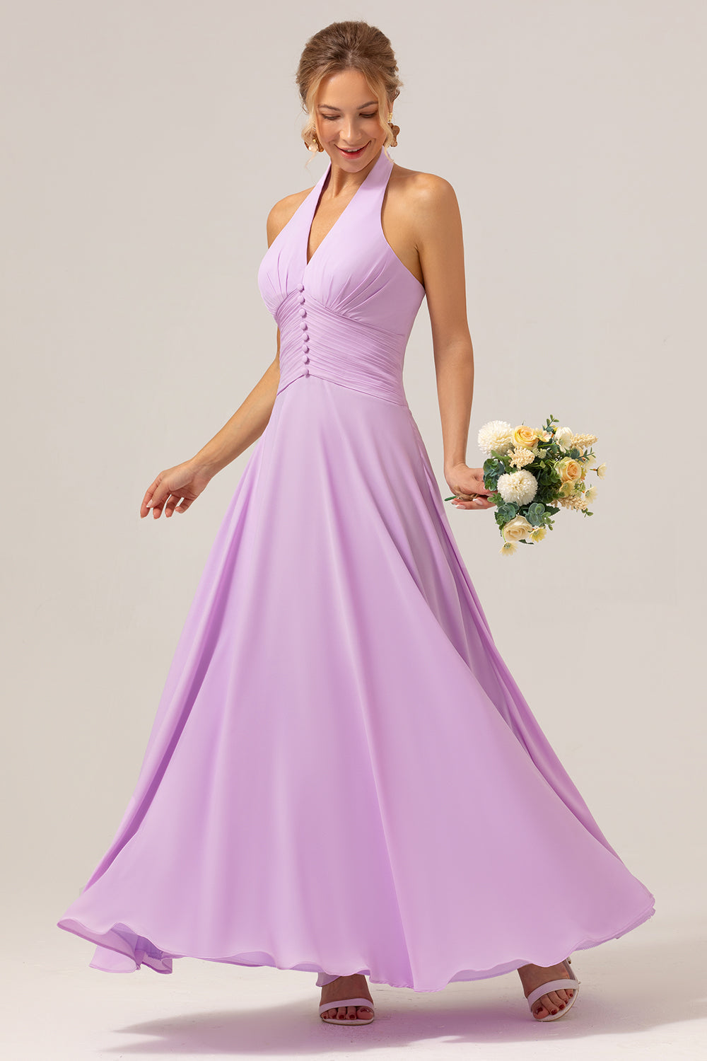 Purple A Line Halter Chiffon Long Bridesmaid Dress