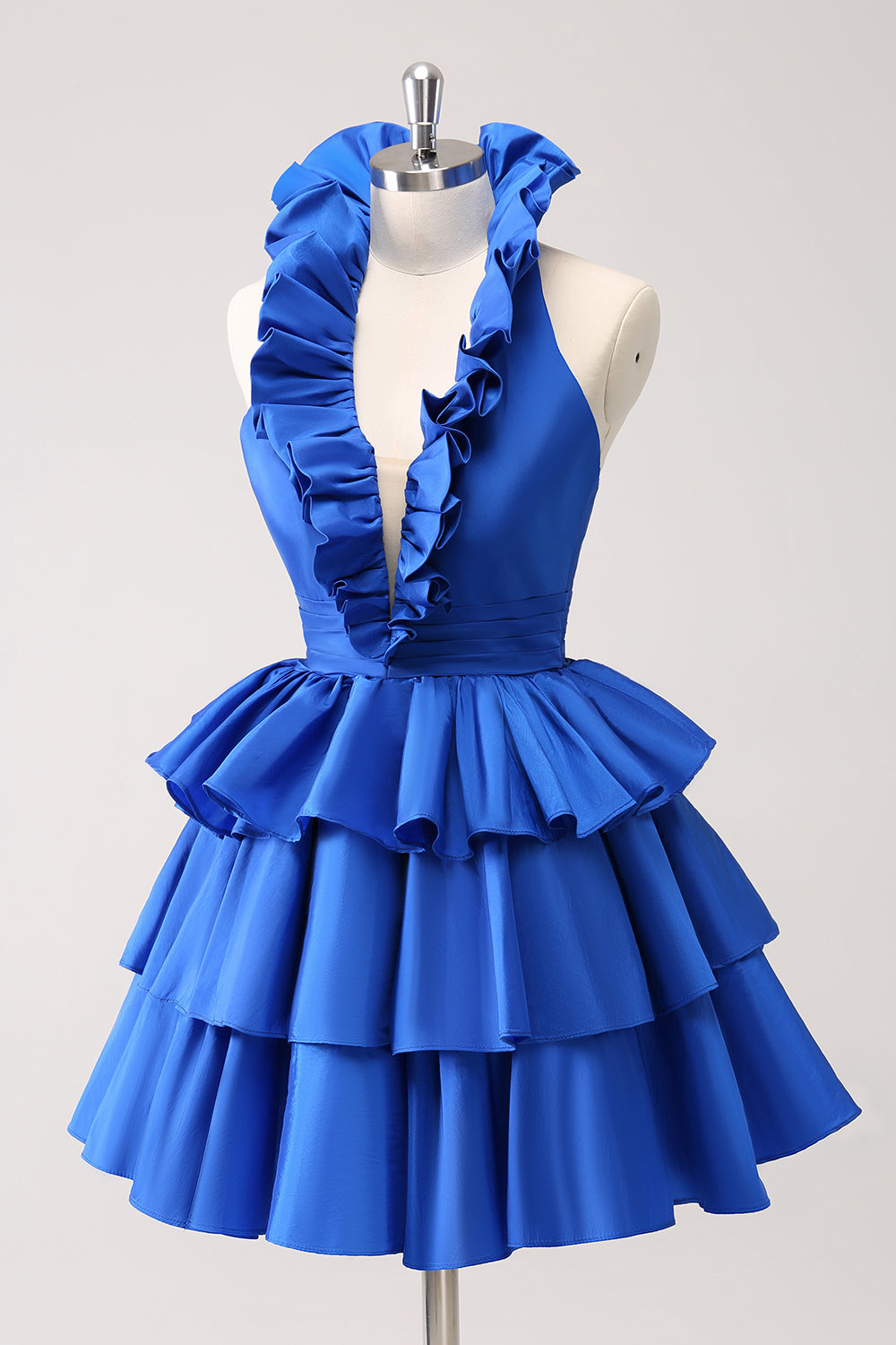 Royal Blue A-Line Halter Tiered Short Homecoming Dress with Ruffles