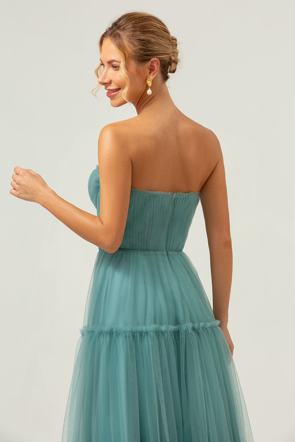 A-Line Strapless Corset Tulle Eucalyptus Bridesmaid Dress