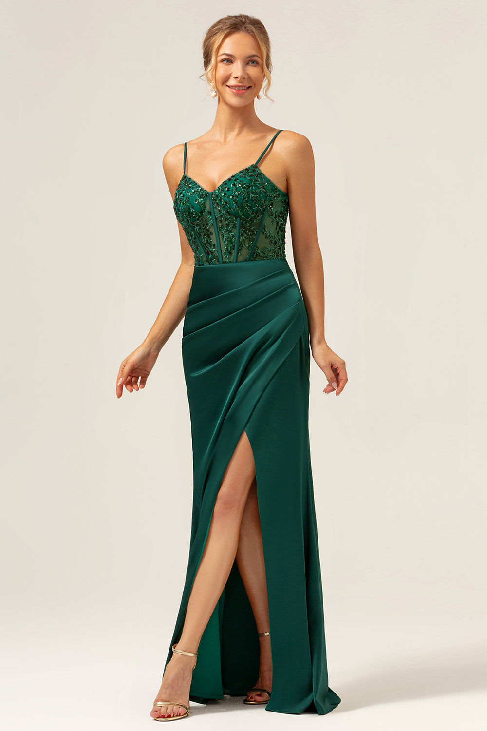 Dark Green Mermaid Spaghetti Straps Corset Satin Long Bridesmaid Dress with Slit