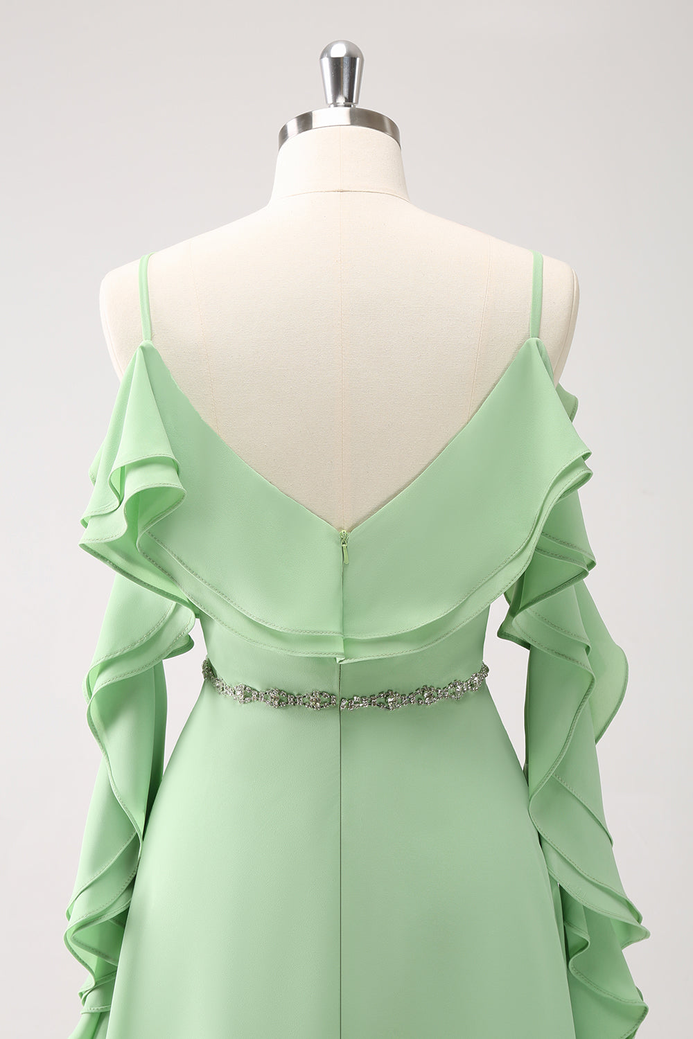 Light Green Cold Shoulder A-Line Chiffon Long Bridesmaid Dress with Ruffles