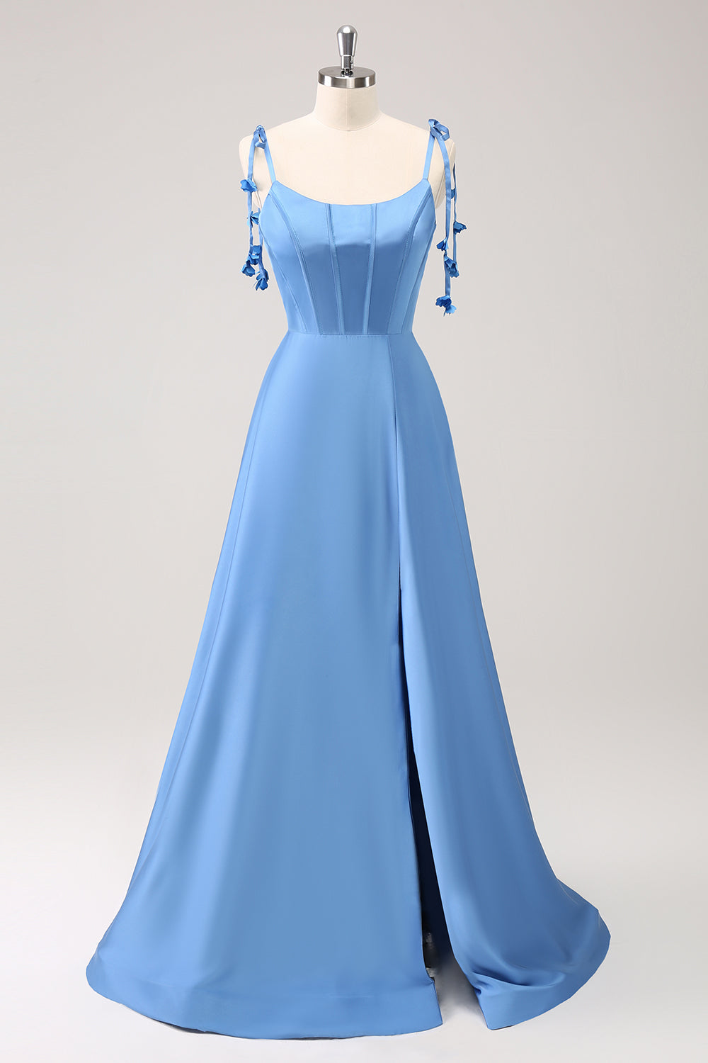 Blue A Line Spaghetti Straps Satin Floor Length Dress with Slit