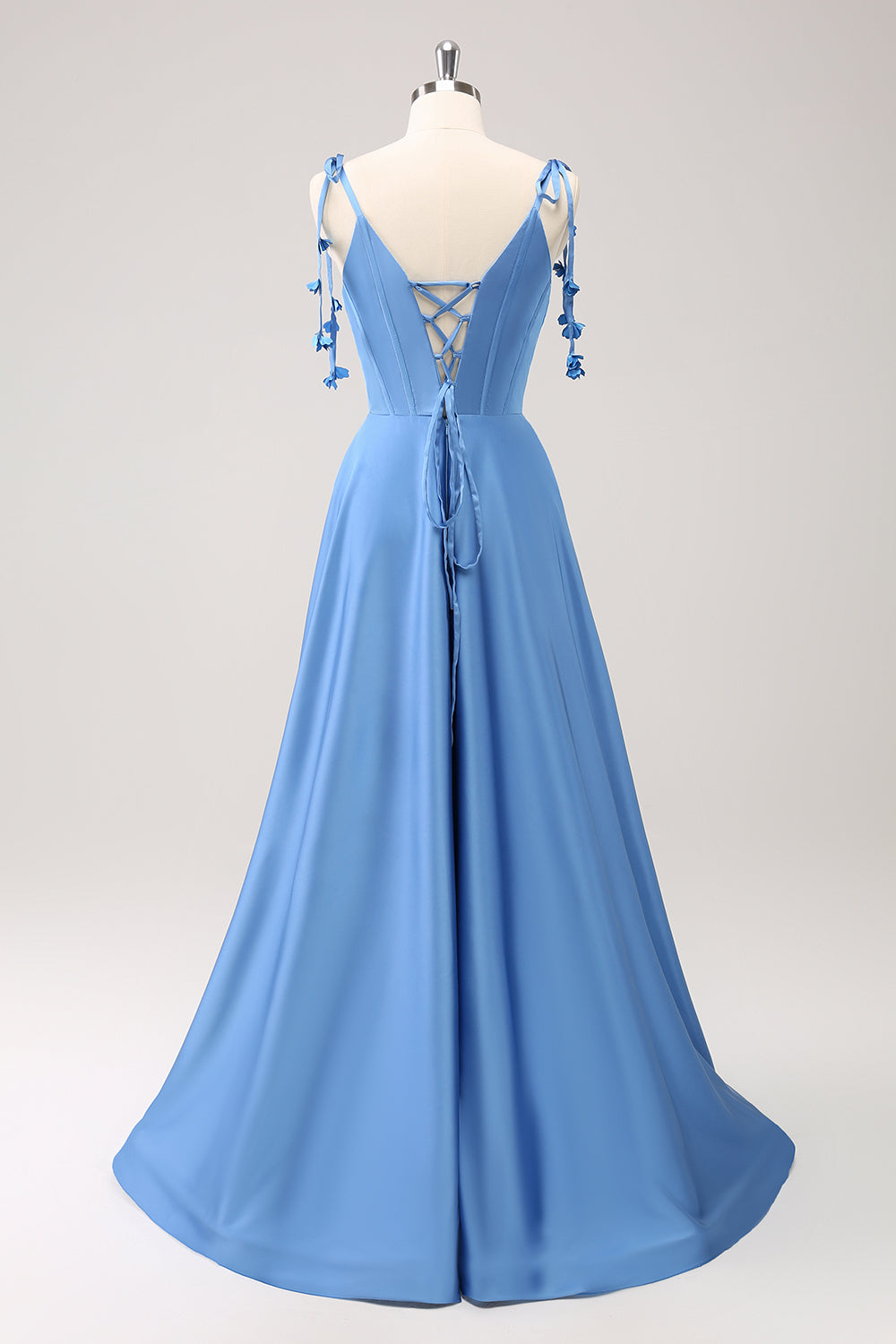 Blue A Line Spaghetti Straps Satin Floor Length Dress with Slit