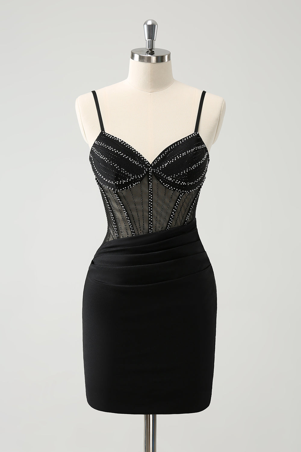 Black Bodycon Spaghetti Straps Corset Short Homecoming Dress with Beading