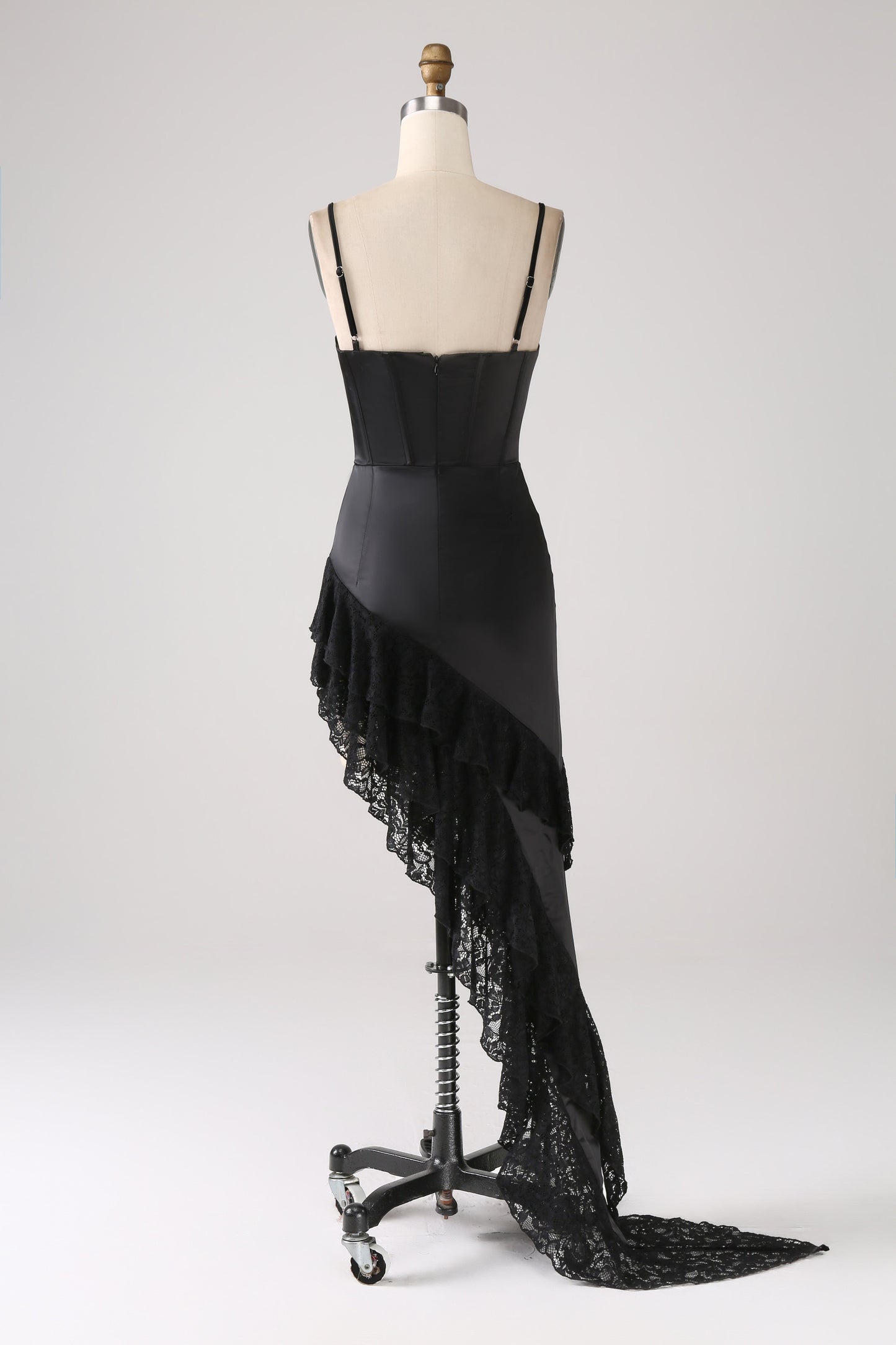 Asymmetrical Black Spaghetti Straps Prom Dress with Ruffles