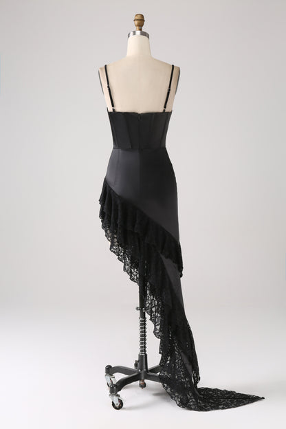 Asymmetrical Black Spaghetti Straps Prom Dress with Ruffles