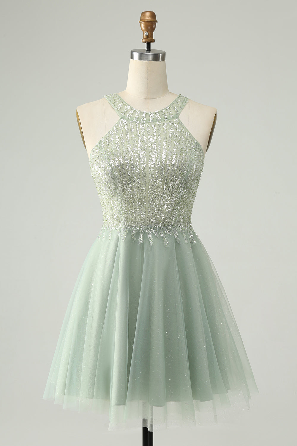 Dusty Green Halter Sequins A Line Homecoming Dress